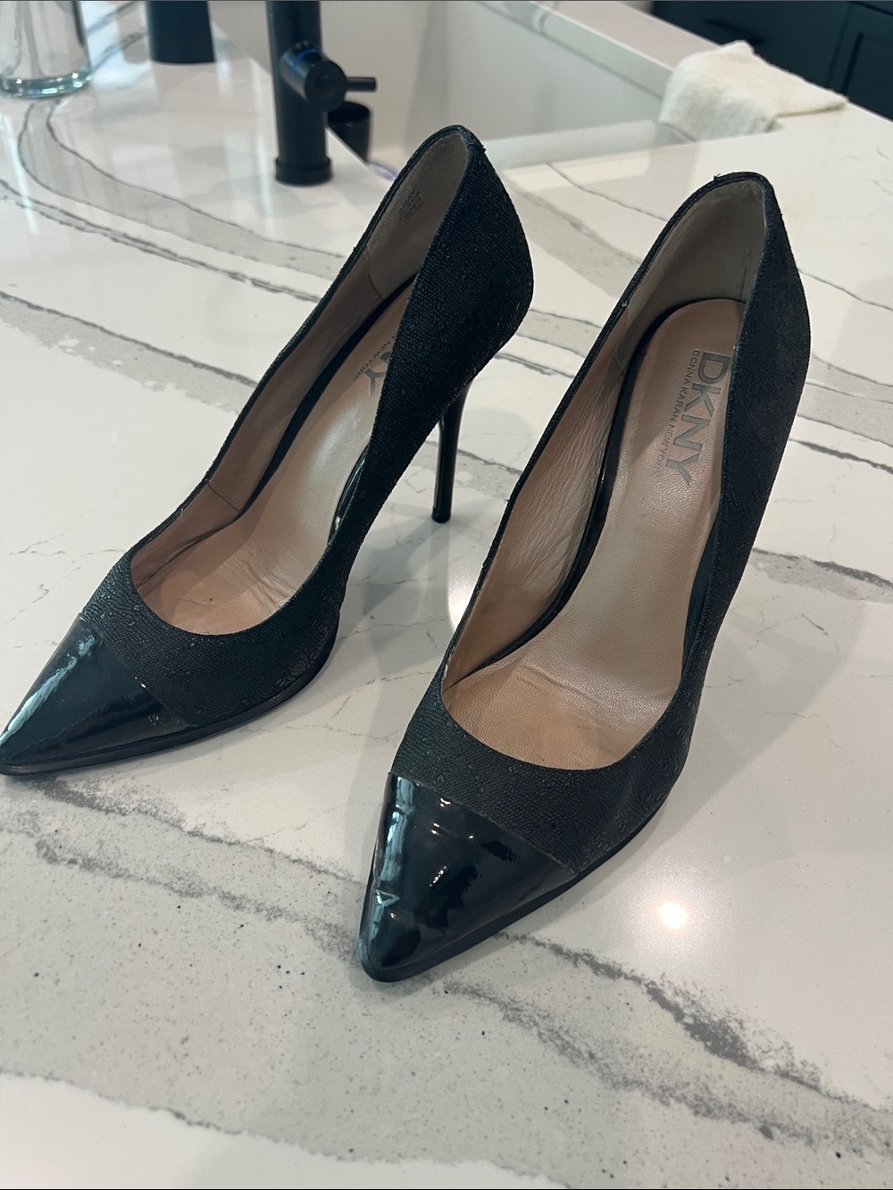 DKNY Black Pointed Patent-Toe Stiletto Pumps
